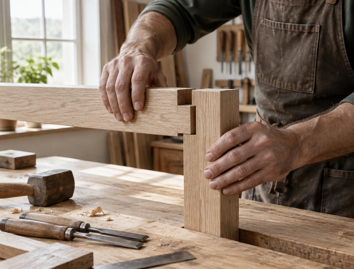 Hands carefully fitting a traditional oak joint at a workbench