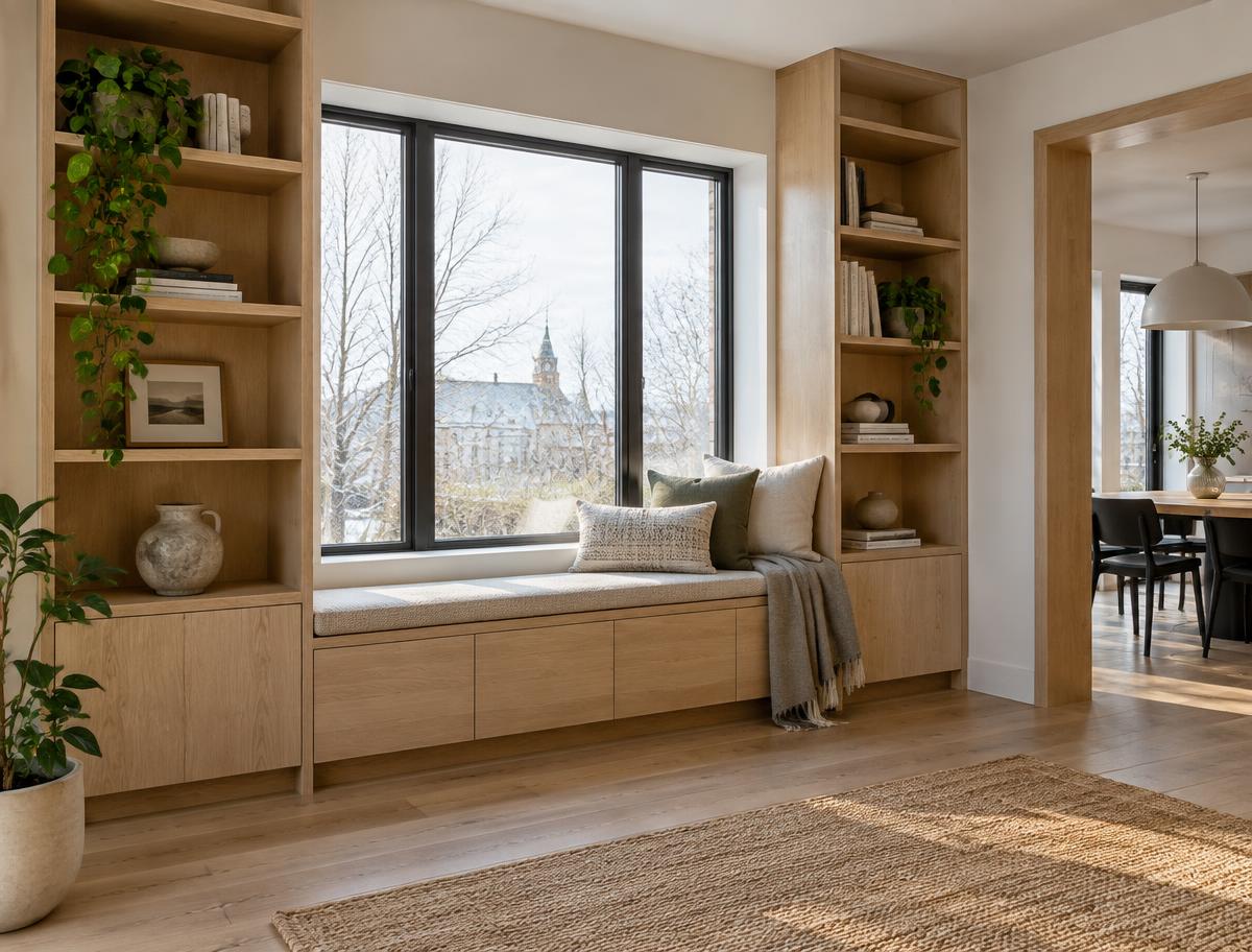 Custom oak shelving and window bench in a bright residential interior